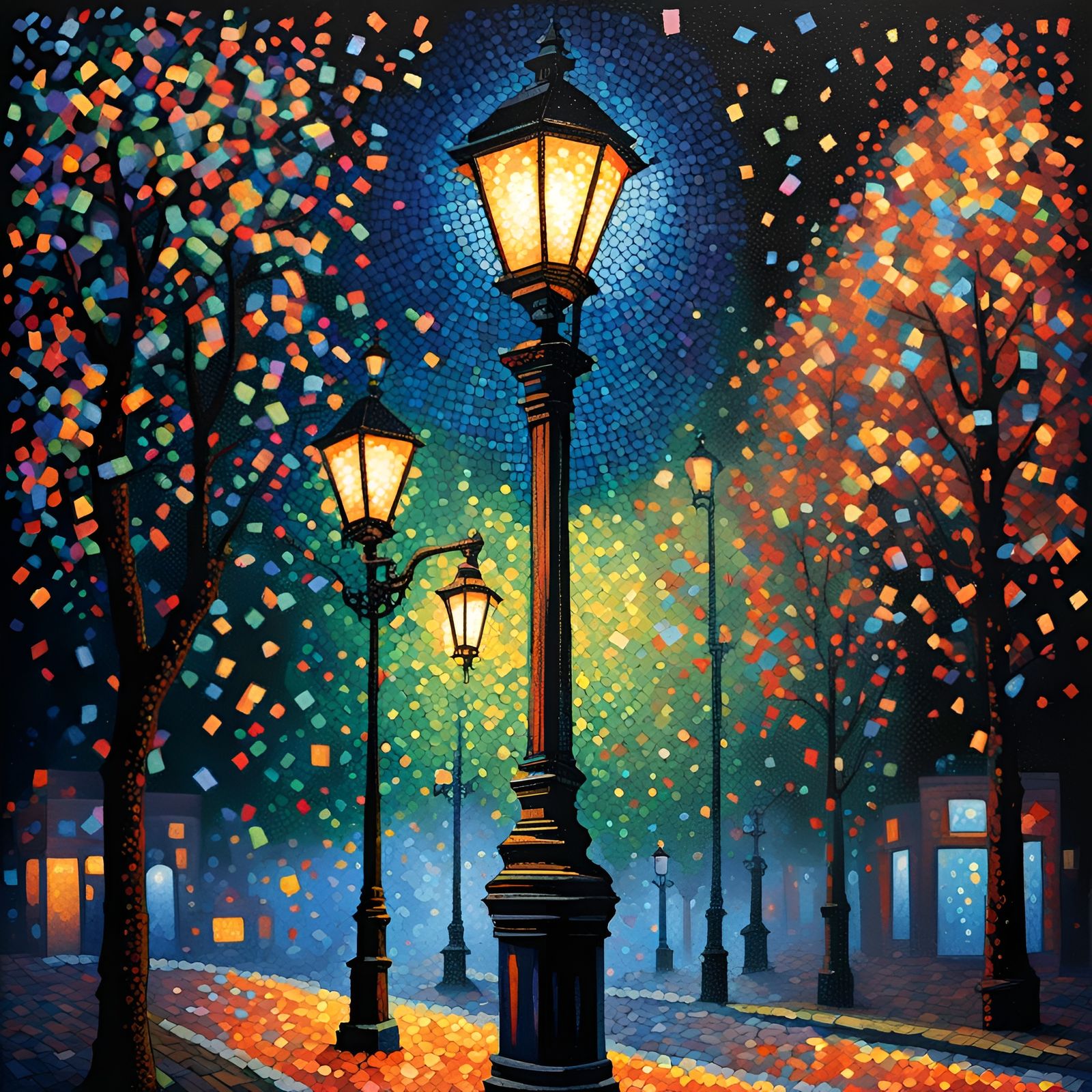 Confetti Street Scene at Night (kinetic pointillism)