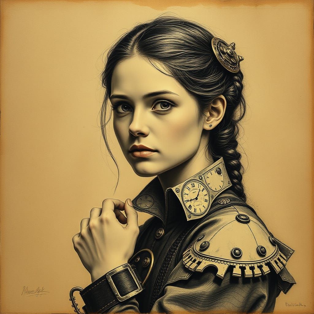Steampunk Sfumato Portrait of Young Woman from Giannitsa