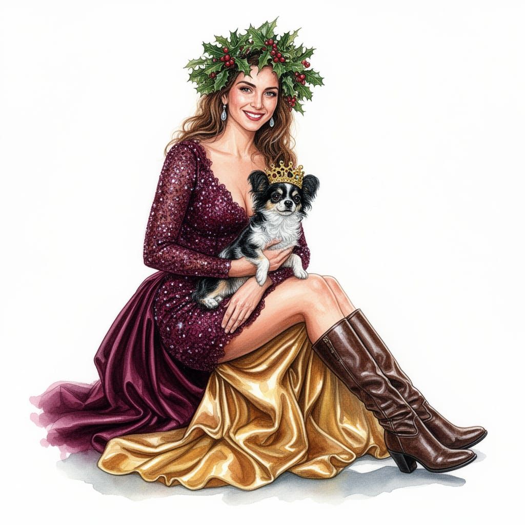 Elegant Woman in Burgundy Gown Holding Dog, Watercolor Style