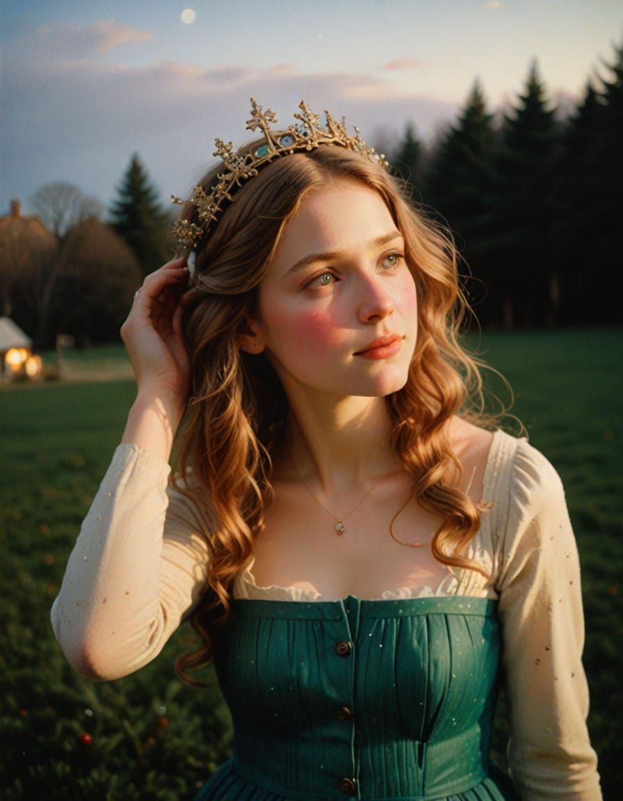 Young Snow Maiden Stands Before Majestic Christmas Tree