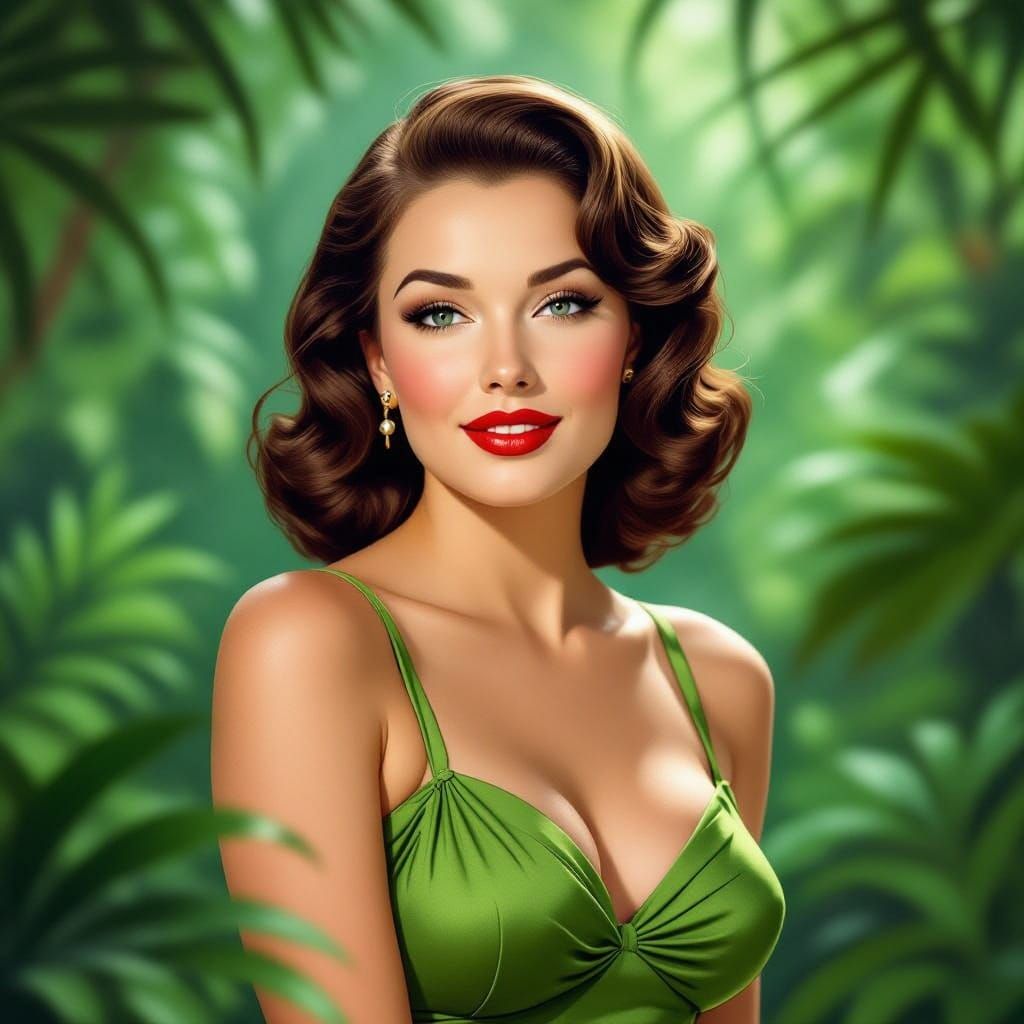 1940s style pinup portrait of a gorgeous woman, jungle