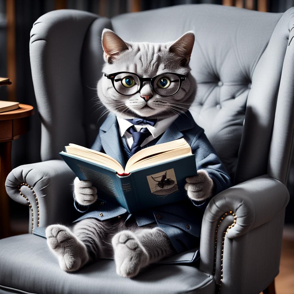 Anthropomorphic Grey Cat Reading a Book