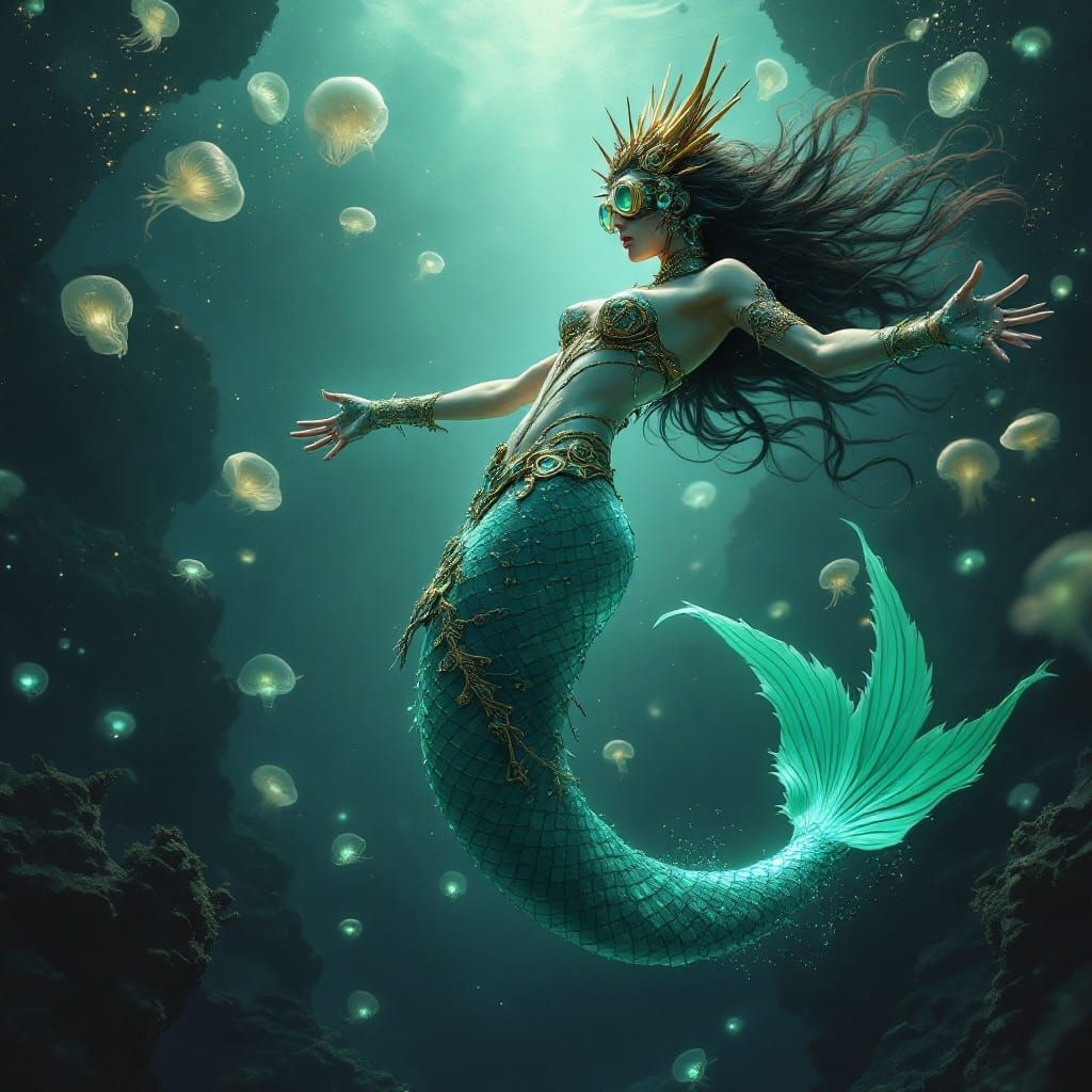 Steampunk Mermaid in Bioluminescent Ocean Twilight