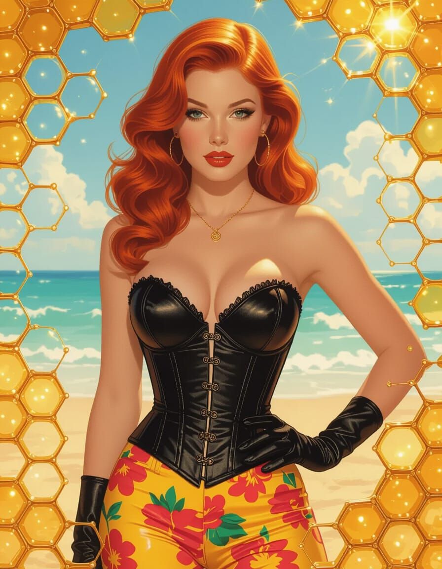 Pin-up Woman with Amber Honeycomb Overlay in Gil Elvgren Sty...