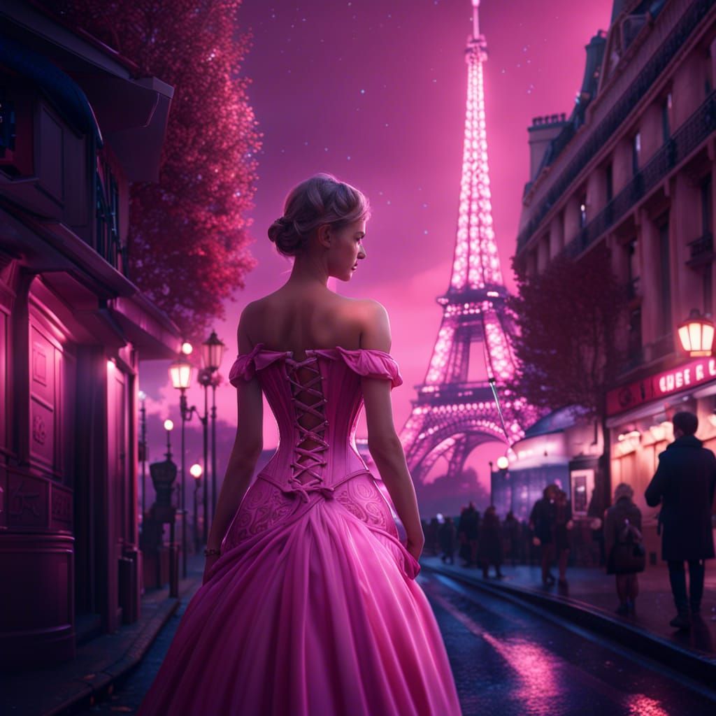 Girl in Pink Dress Wandering Paris at Night