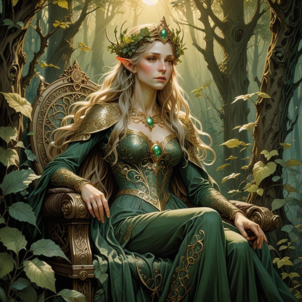 Regal Elven Queen on Forest Throne