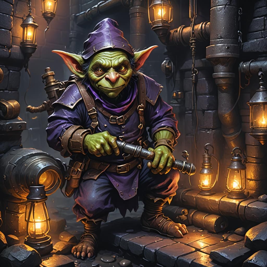 Goblin Plumber in Misty Dungeon: Oil Painting