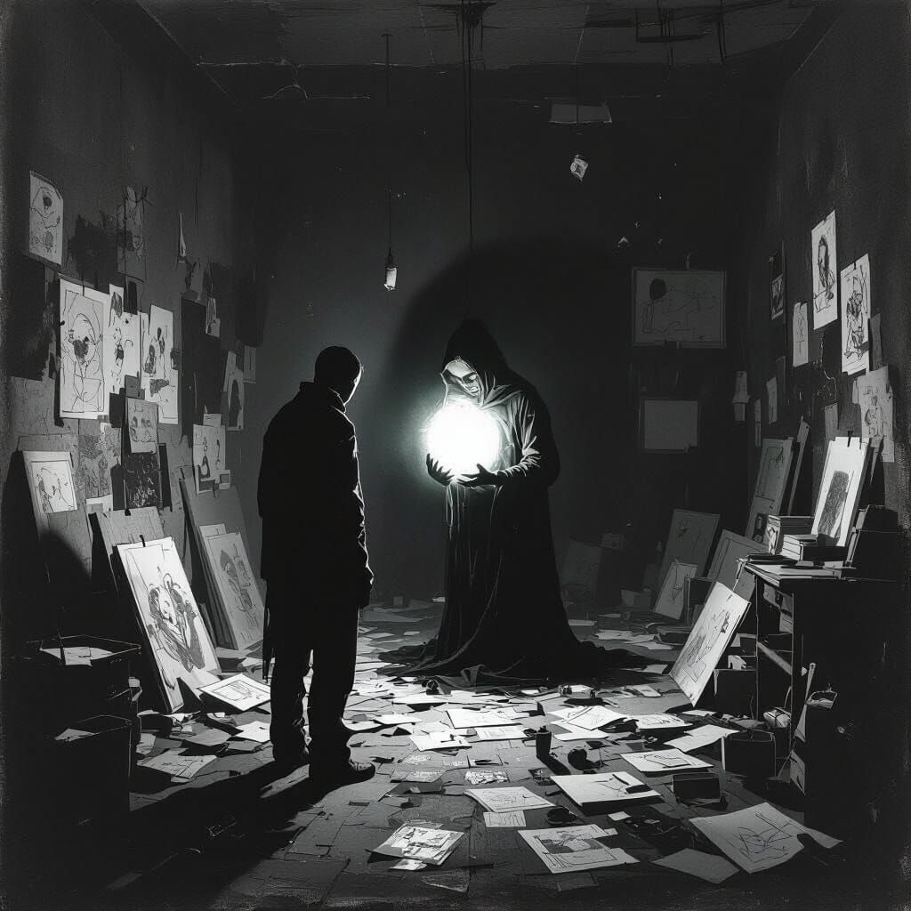 Surrealist Figure Focused on Glowing Object in Dark Room