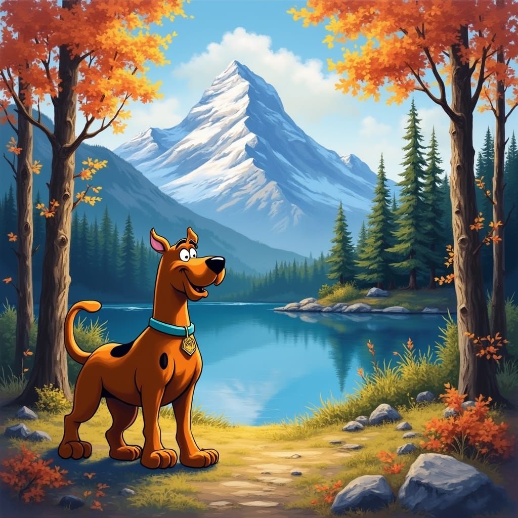 Scooby Doo in a Bob Ross Style Forest Scene