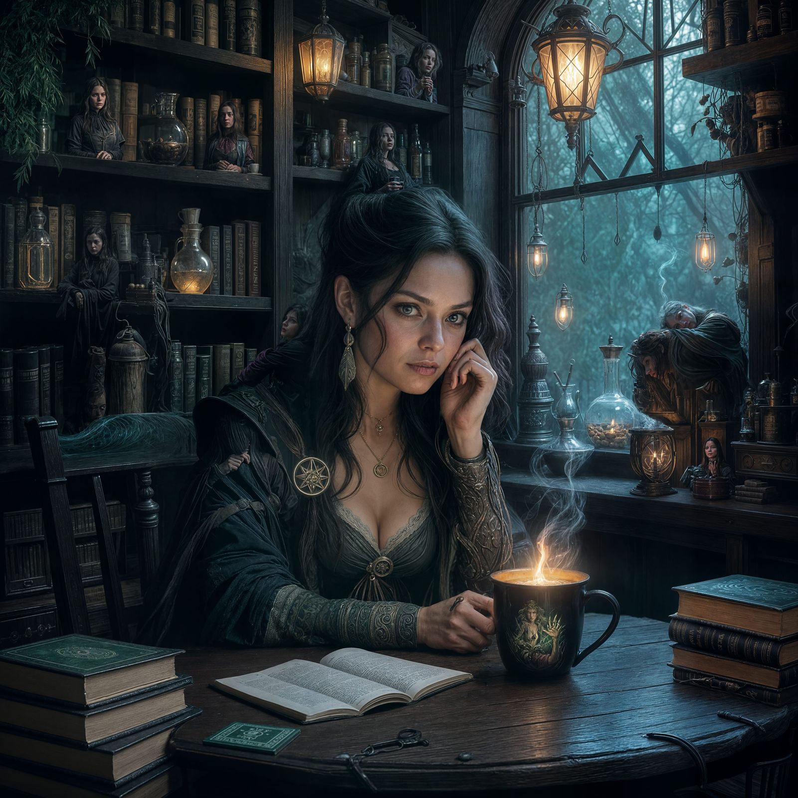 Enchanted Café of Alternate Selves in Dark Fantasy Style