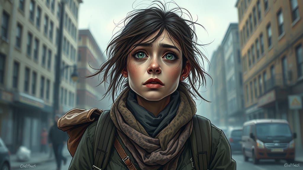 Gritty Homeless Woman in Urban Landscape