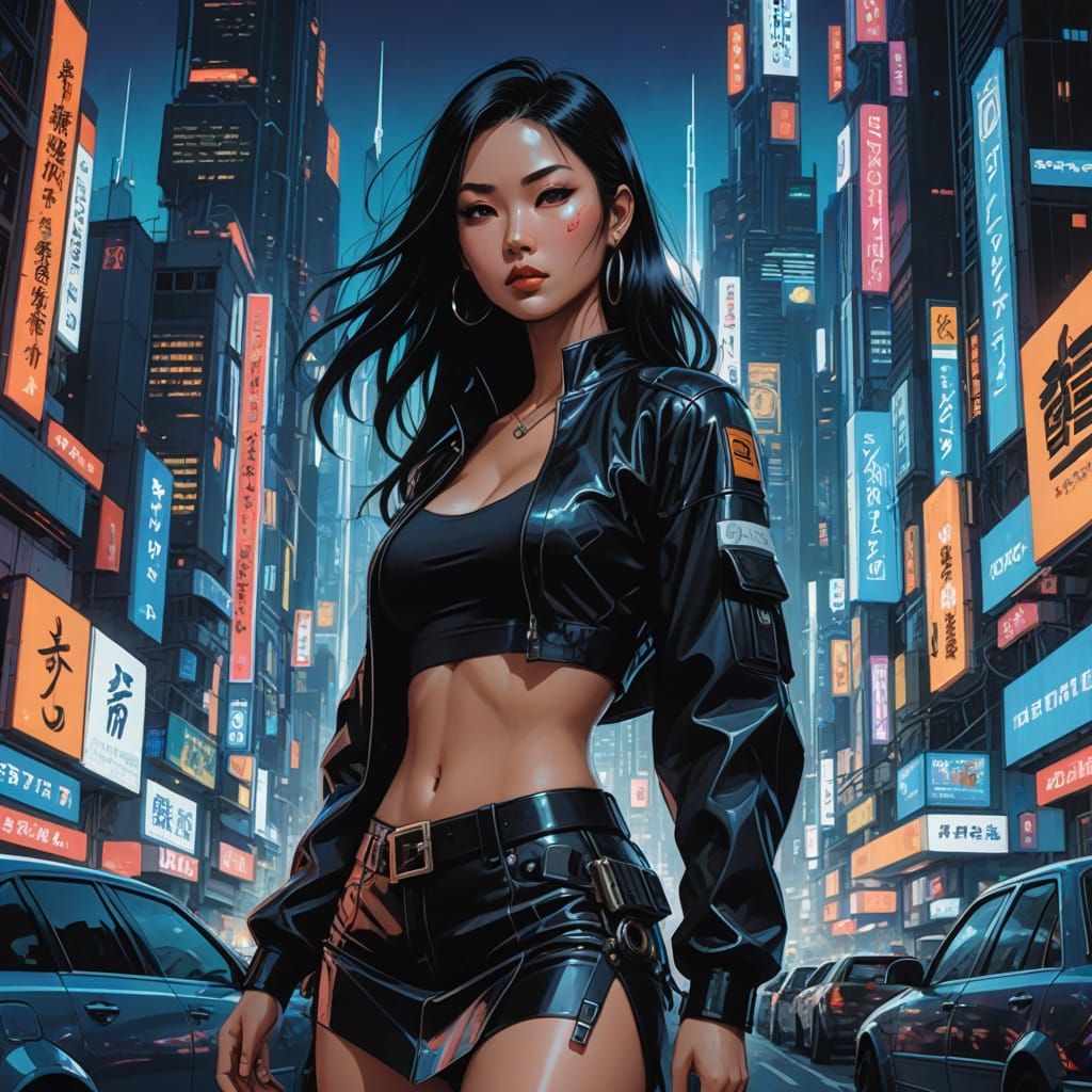 Cyberpunk Asian Goddess Amidst Neon Metropolis