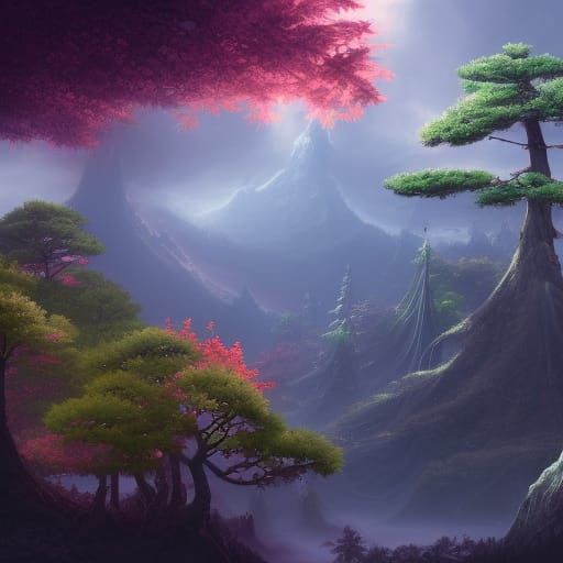 Fantastical Hinoki Cypress Tree Matte Painting