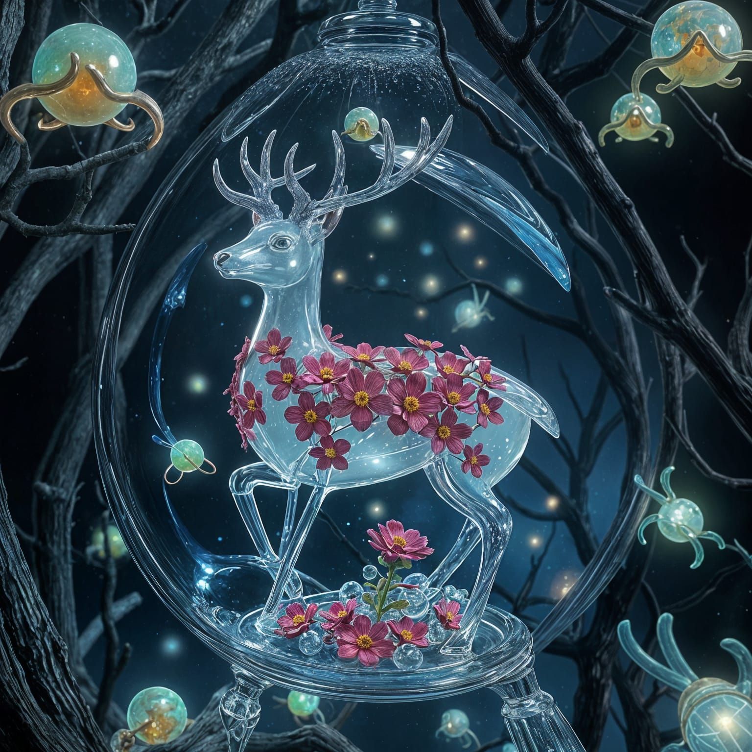 Glass Orb: Iridescent Deer in Bioluminescent Forest