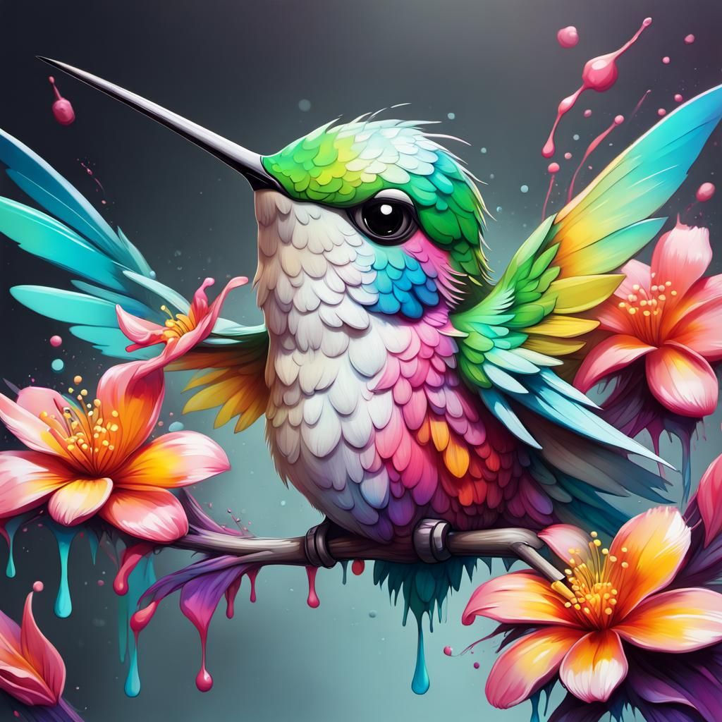 Chibi Hummingbird Pollinating Flower in Graffiti Art Style