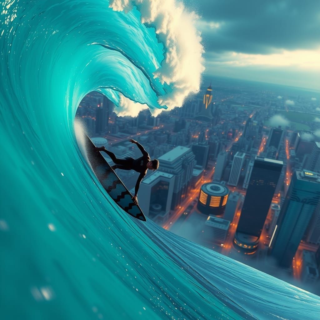 Surfer Rides Giant Wave Towards City in 3D Style