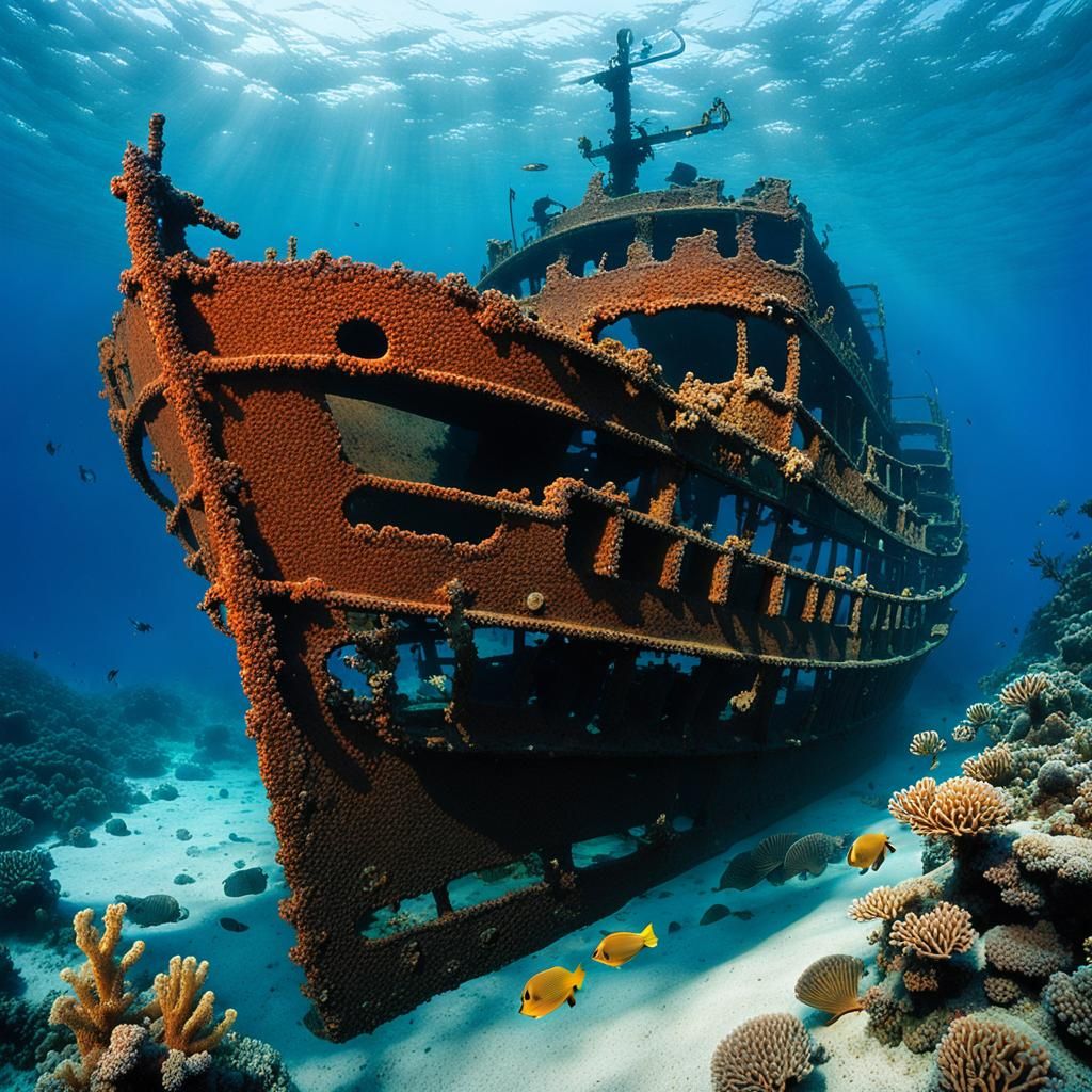 Sunlit Shipwreck Coral Reef: Golden Age Illustration