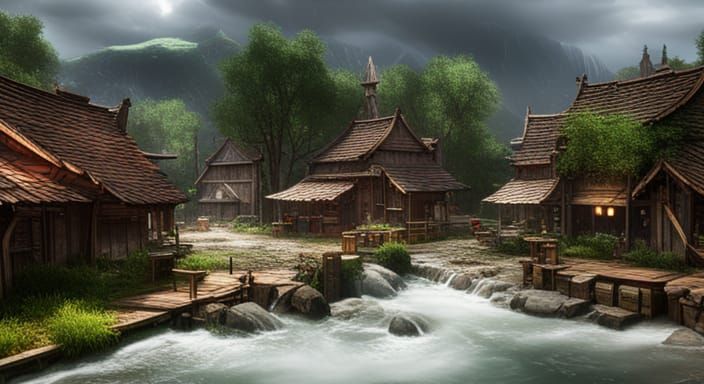 Rainy Forest Village Concept Art in Detailed Style