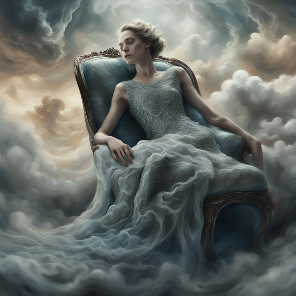 Woman in Flowing Dress Floating in Dreamy State