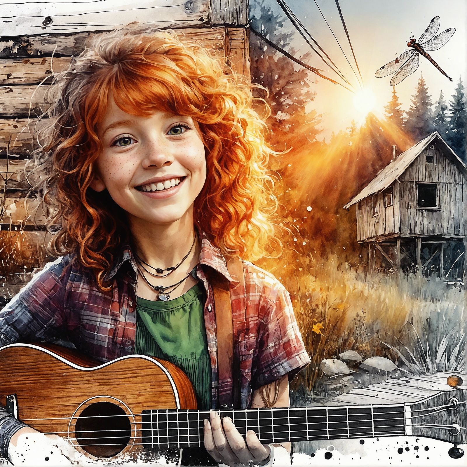 Redhead Girl with Ukulele: Ink and Graffiti Concept Art