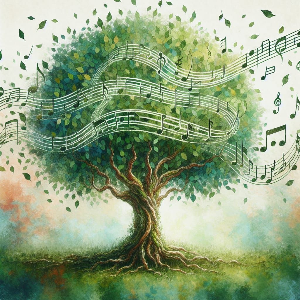 Musical Tree: Nature's Symphony in Watercolor Hues