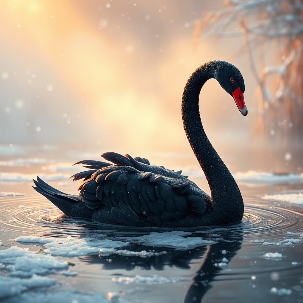 Black Swan Emerges from Icy Pond at Dawn
