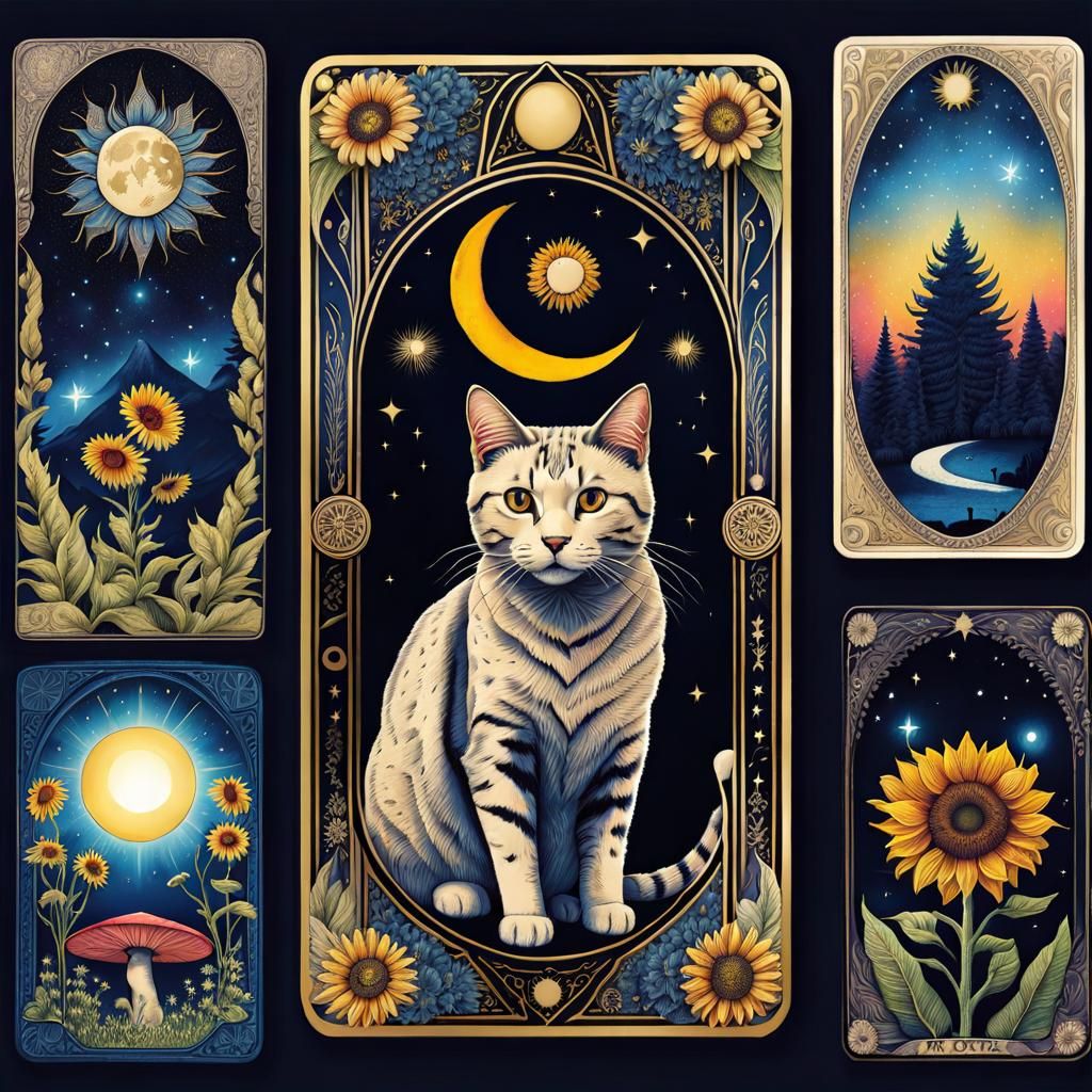 Tarot cards sun moon stars  Cat tarot Deck of tarot cards magician Stipple Magic weird alien plants flower magic mushroo...
