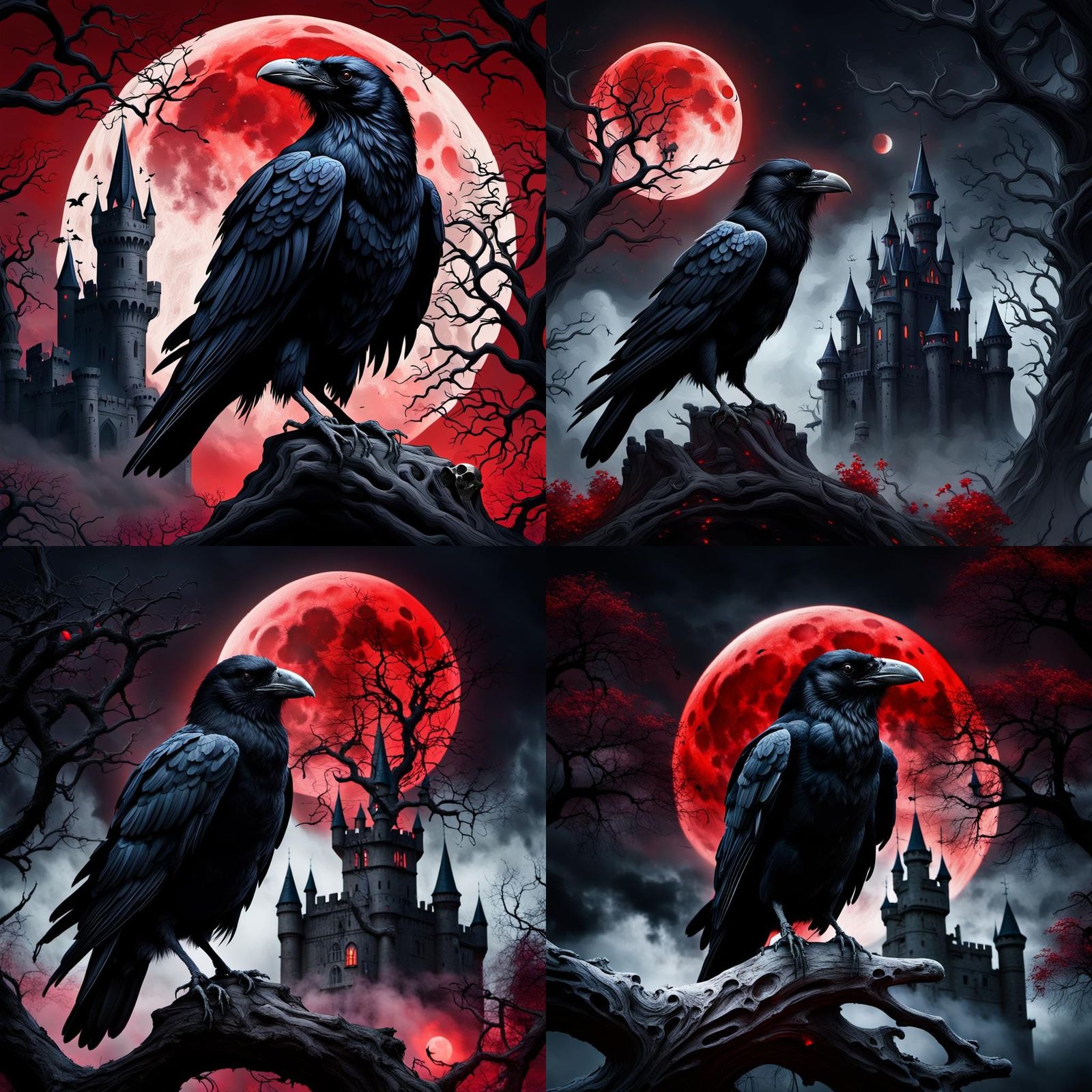 A black raven stands on a white skull, black tree branches i...