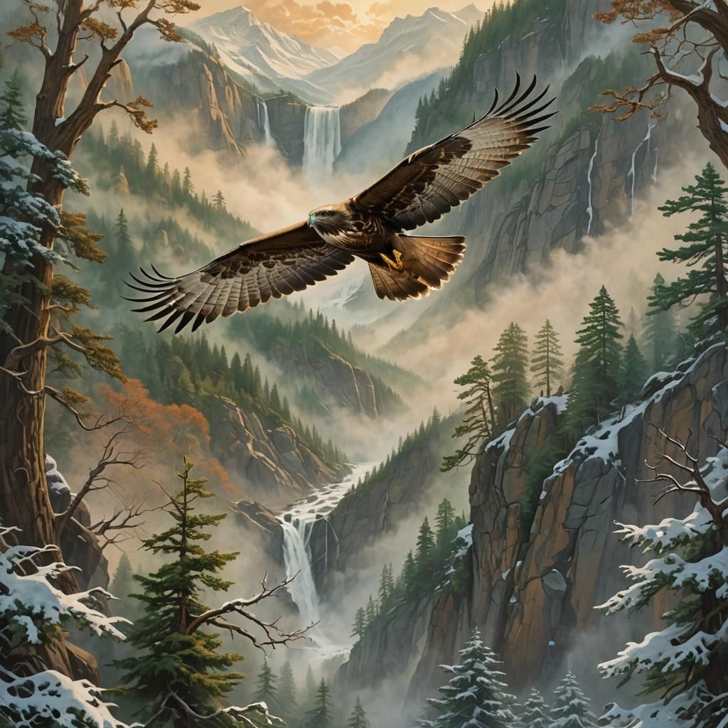 Hawk Soaring Over Mountain Ridge at Dawn