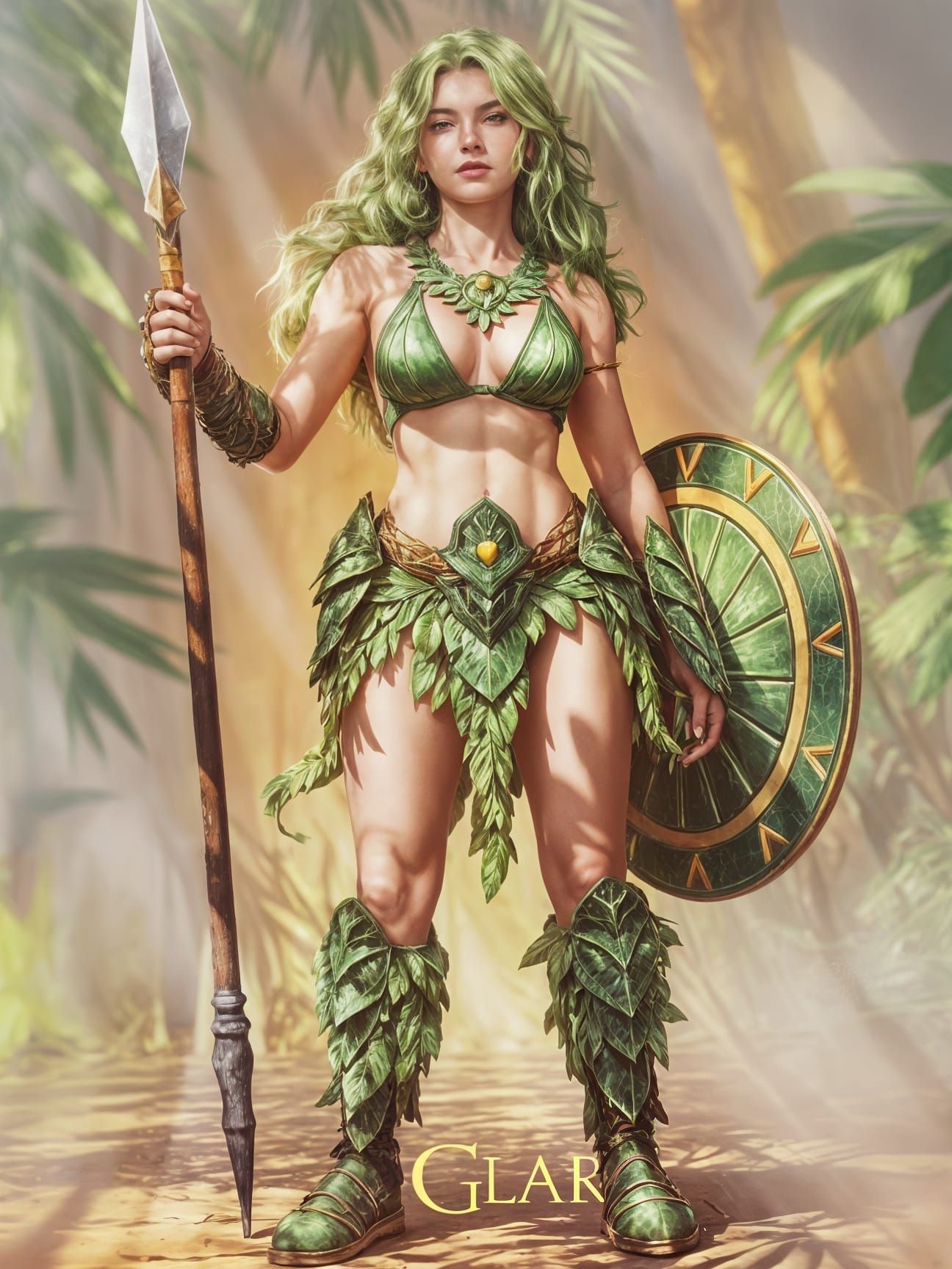 Cute Warrior in Tropical Paradise Bathed in Sunlight