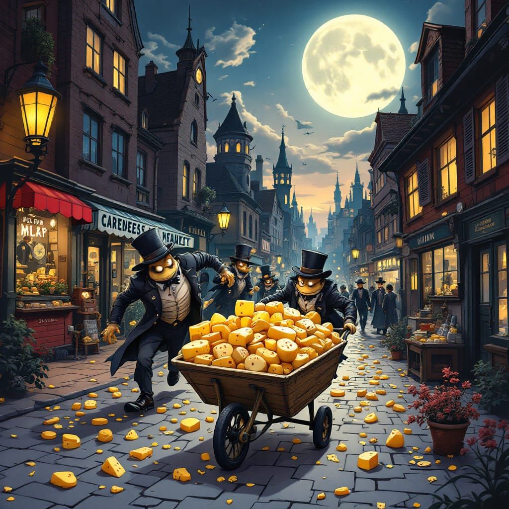 Cheese Heist in a Moebius-Inspired Cityscape