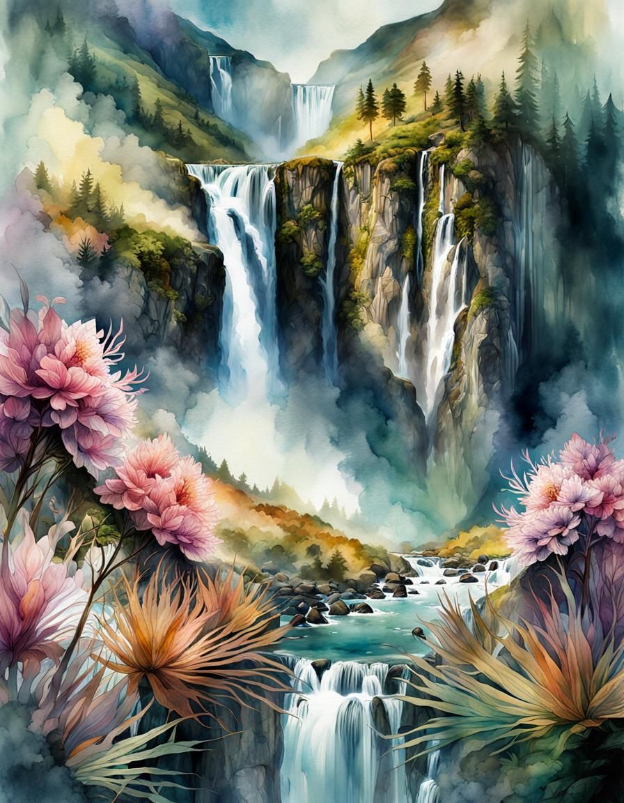 Watercolor Waterfall Double Exposure, Reflected Digital Illu...