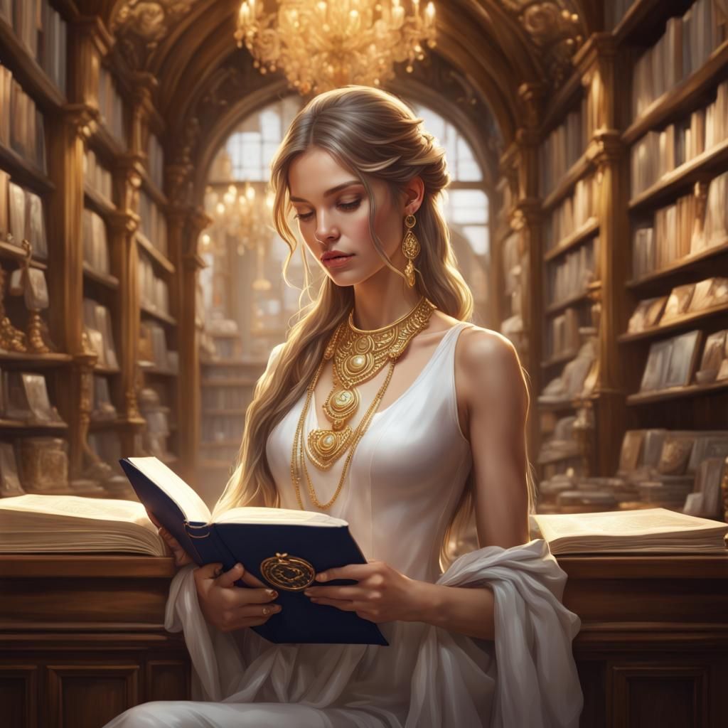 Girl Reading with Gold Jewelry, Hyperdetailed Portrait