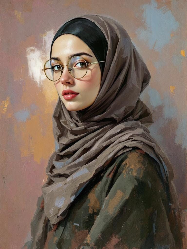 Portrait of Woman in Hijab, Impressionist Style