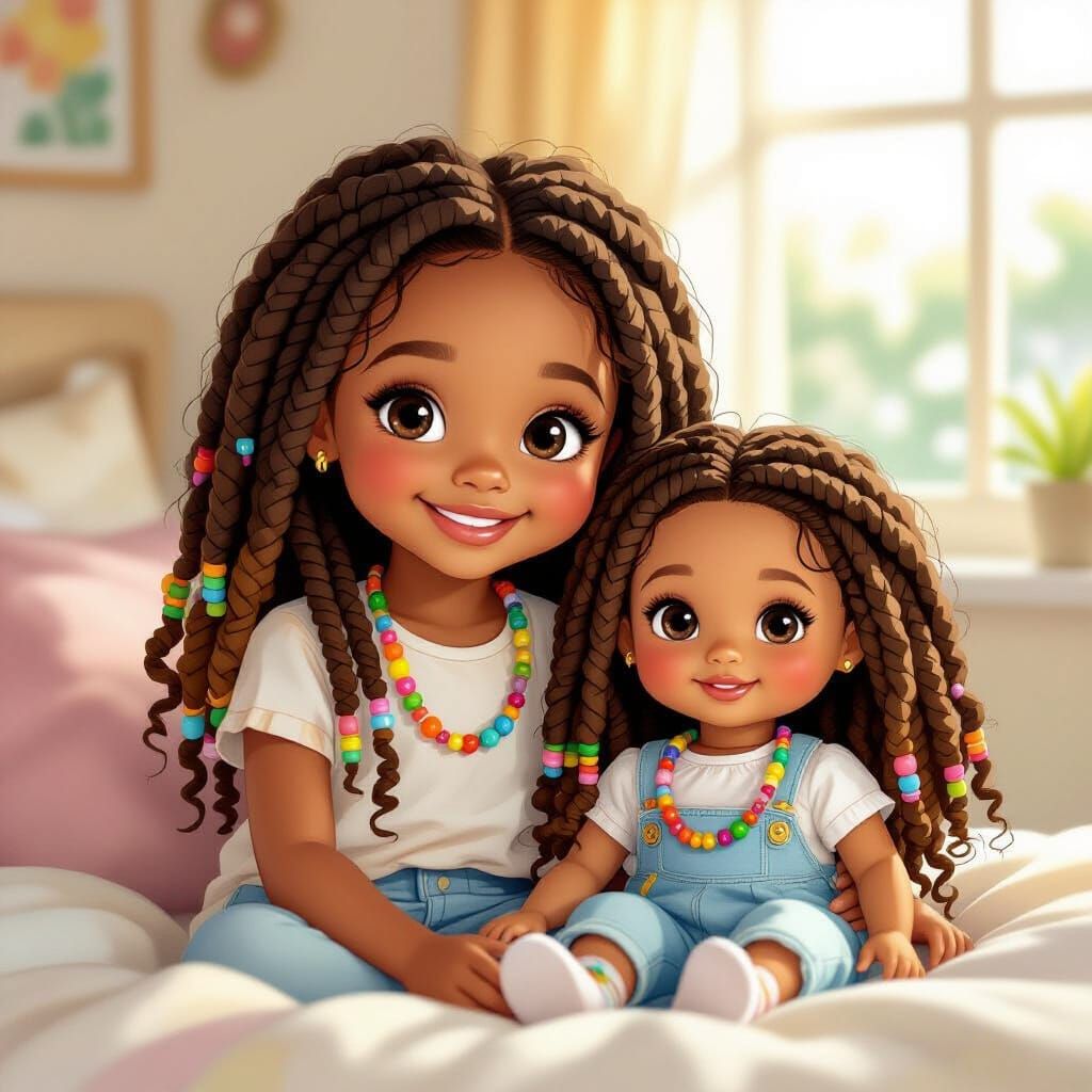 Joyful Girl and Doll Celebrate Self-Love in Digital Art