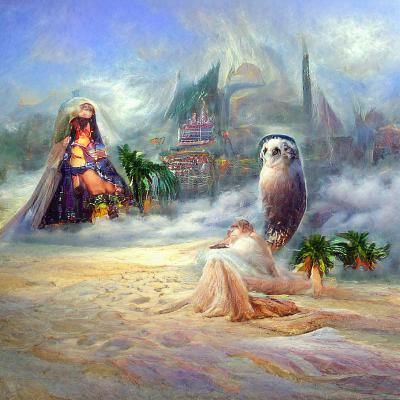 Ancient Priestess with Falcon on Misty Beach