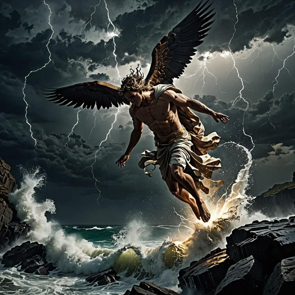 Icarus's Tragic Fall in a Dramatic Thunderstorm
