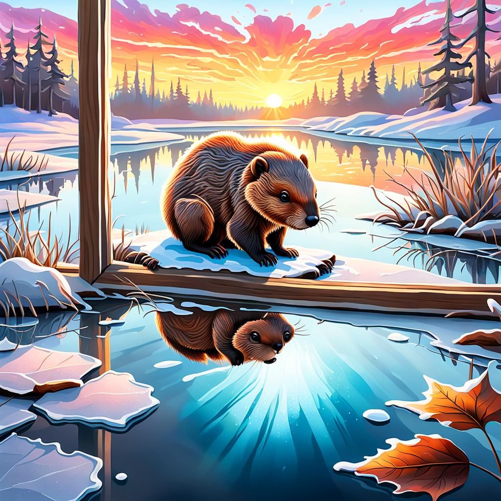 Baby Beaver Painted on Frosty Window