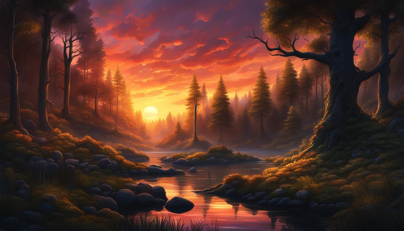 Forest Stream Sunset Digital Painting