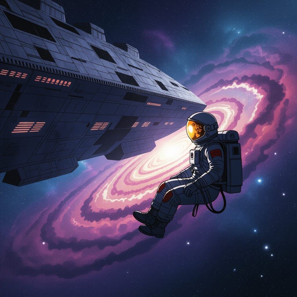 Astronaut Adrift Near Derelict Ship in Cosmic Nebula