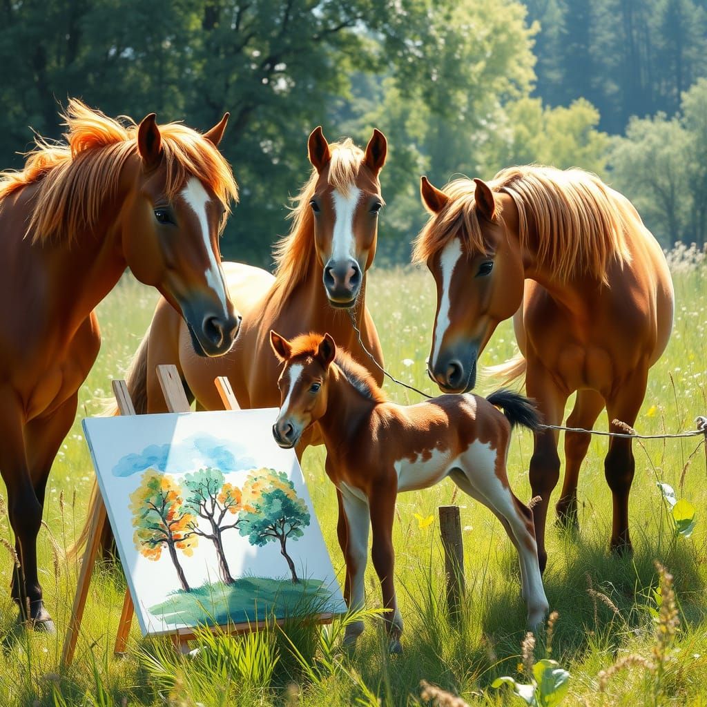 Majestic Horses Gather Around a Foal's Impressionist Masterp...