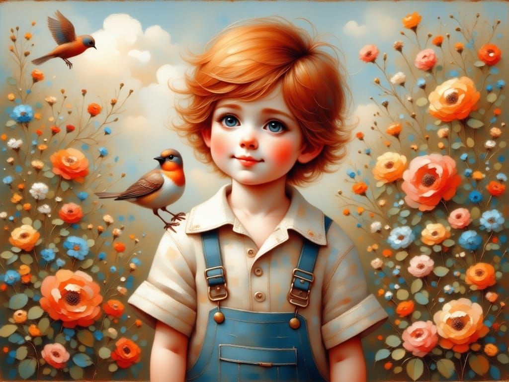 Vintage-Style Toddler Boy Surrounded by a Charming Sparrow a...