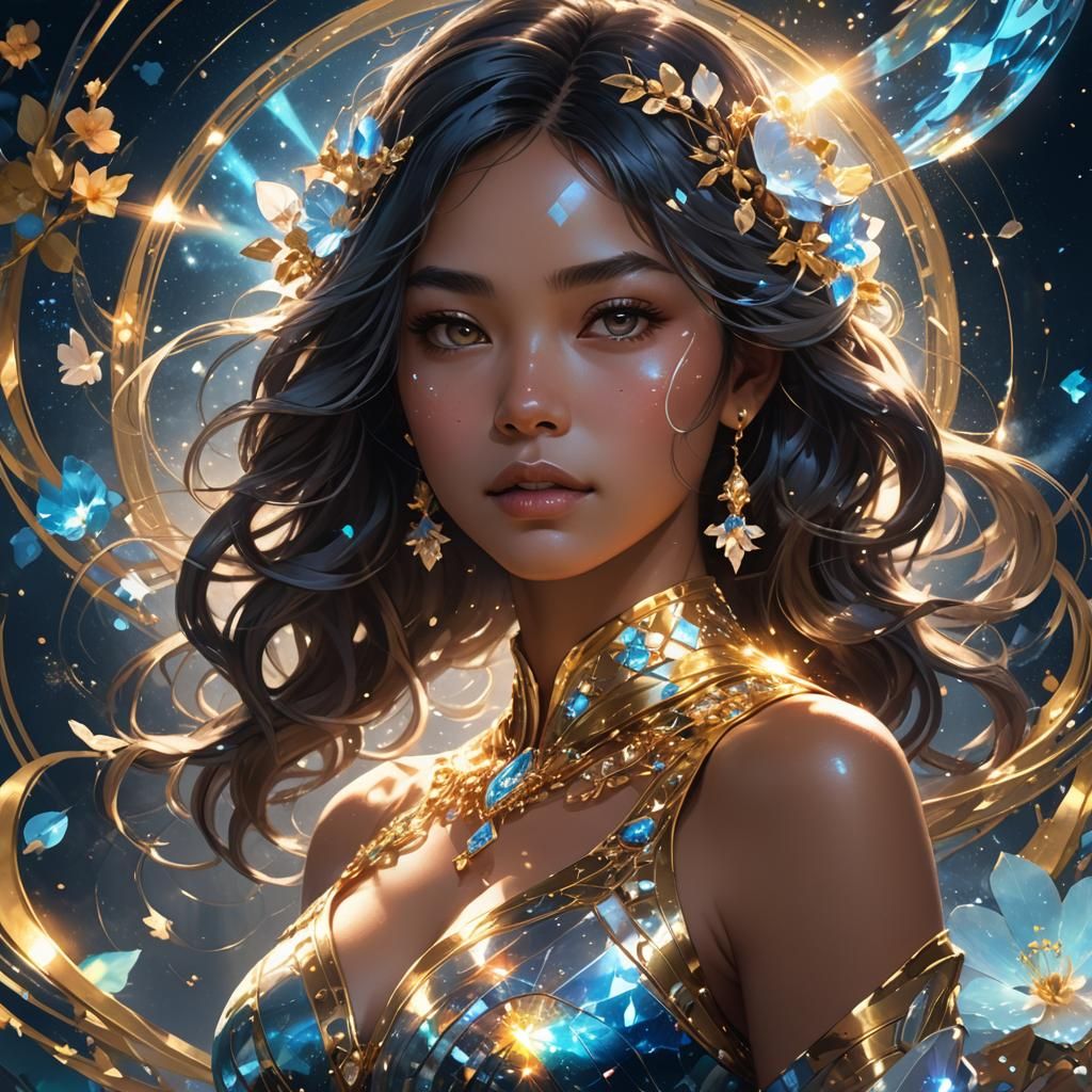 Jasmine Portrait in Nebula Night, Digital Illustration
