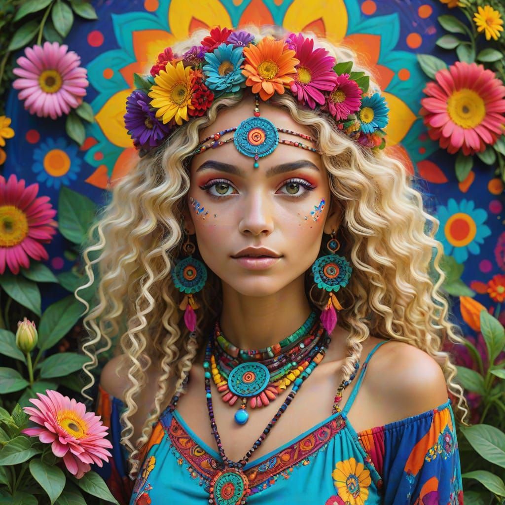 Mystical Free-Spirited Bohemian Woman in Vibrant Setting