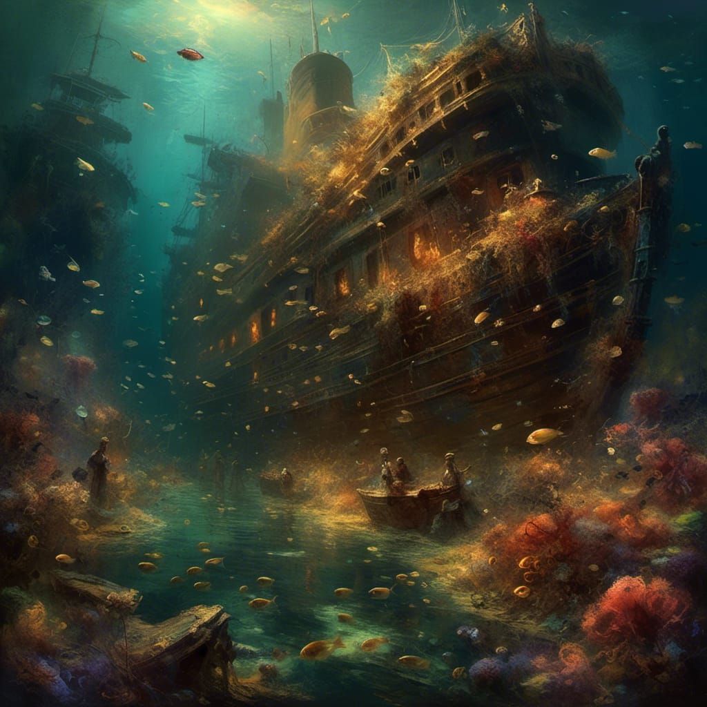 <lora:Glowing runes dark:1.0> le titanic échoué au fond de l...