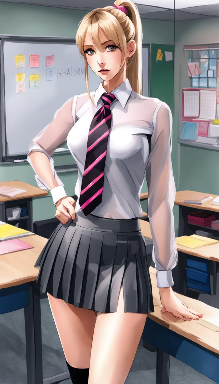 Girl in Classroom with Blonde Hair, Hyperrealistic Render