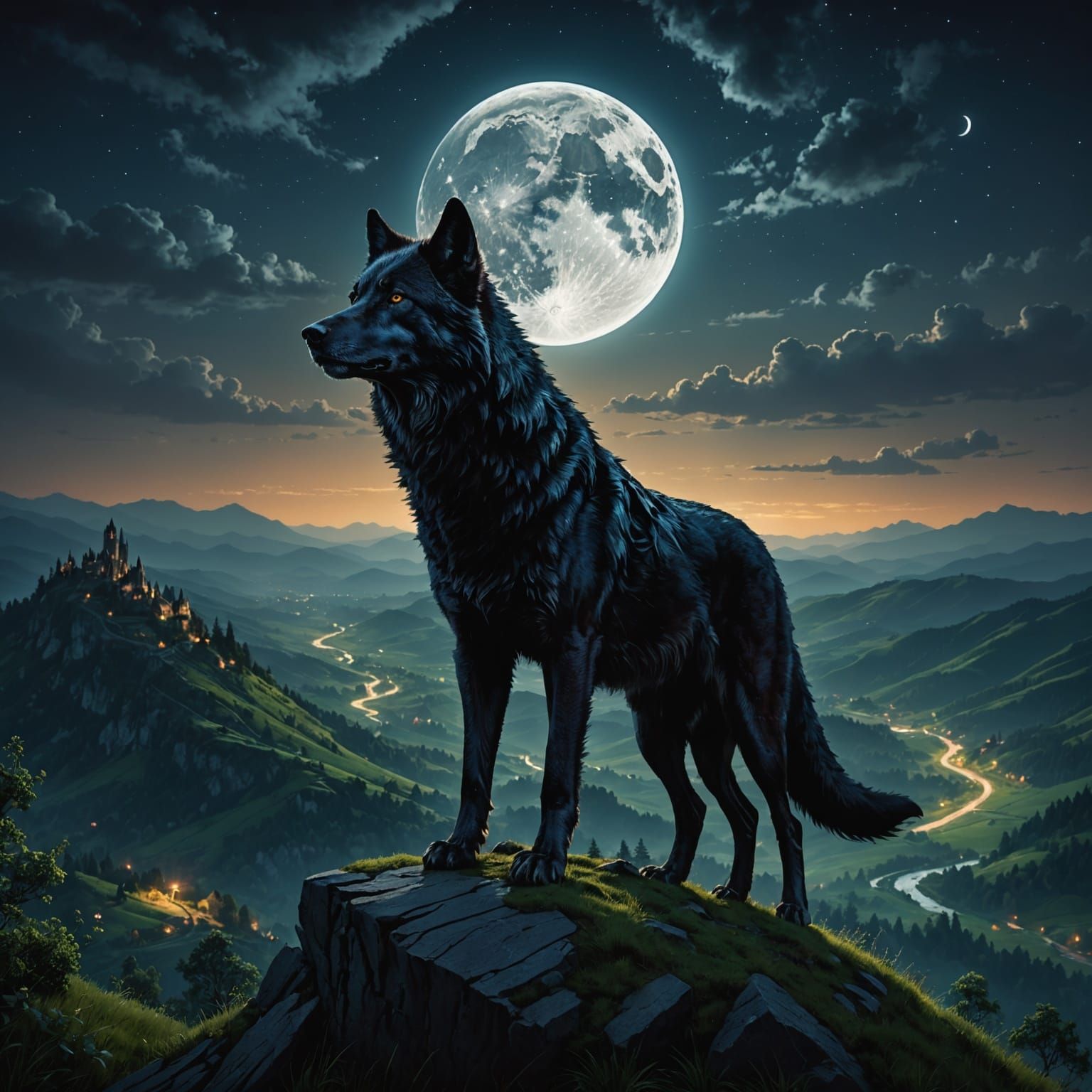 Majestic Black Wolf Guarding a Valley at Night