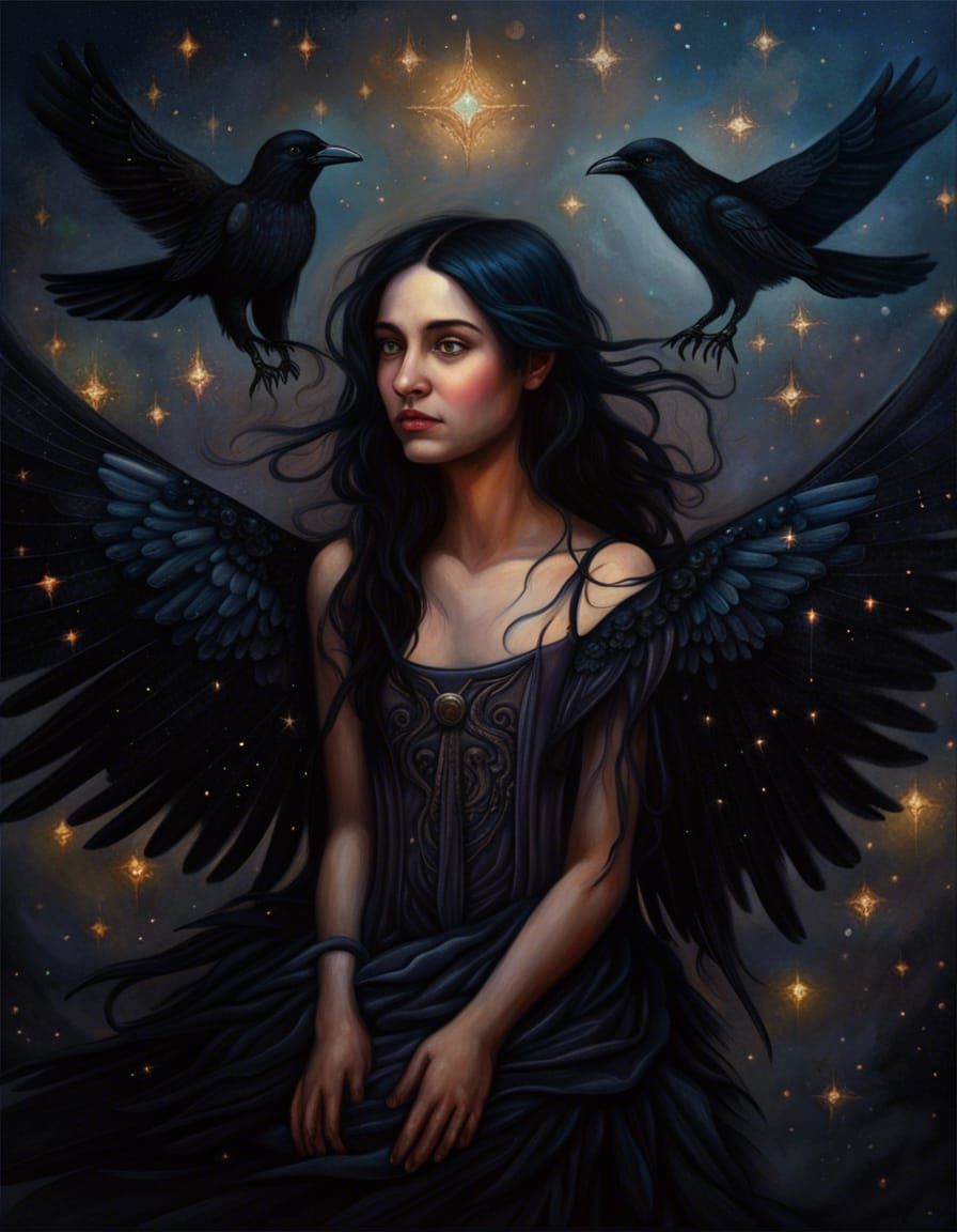 Girl with Raven Wings in Renaissance Style