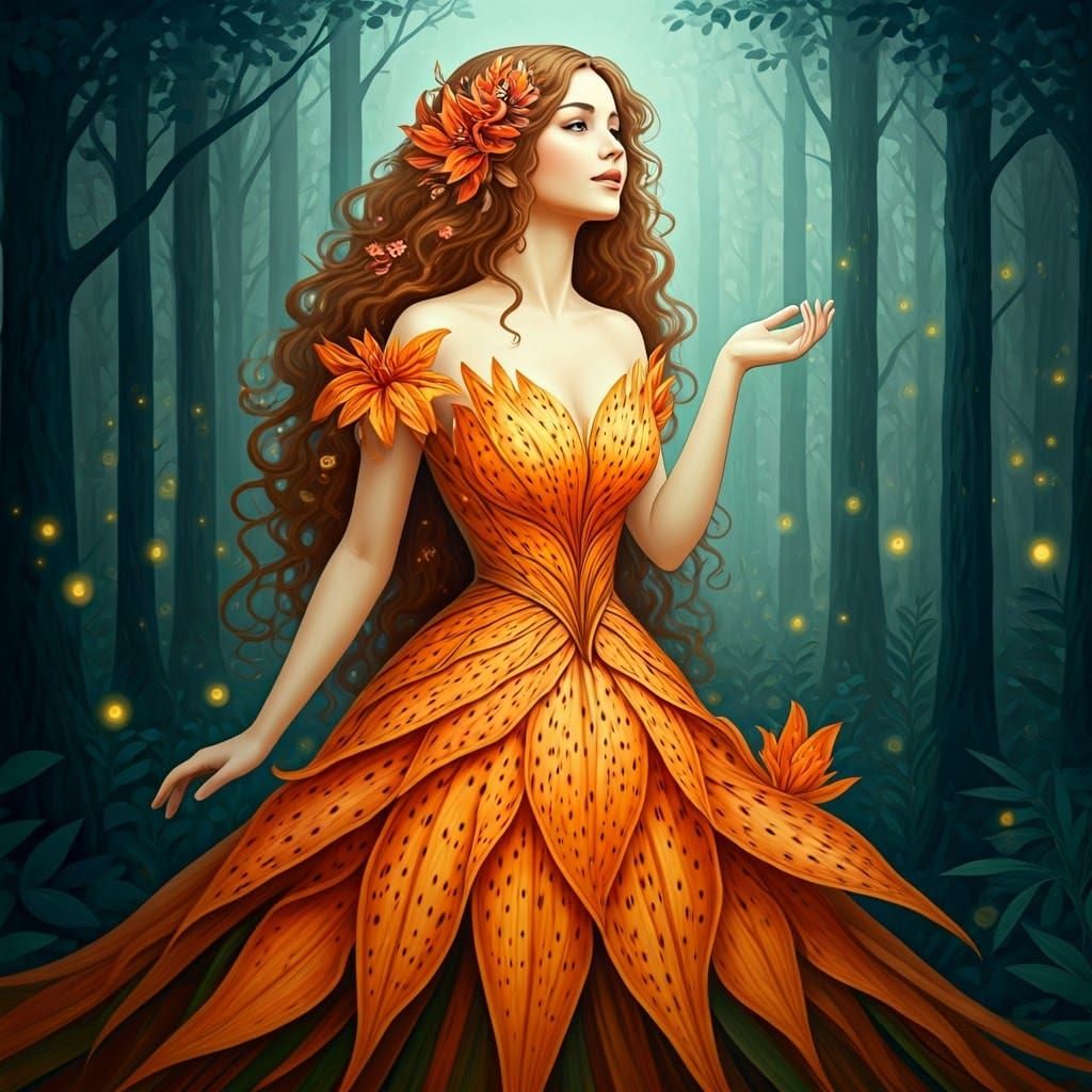 Enchanted Woman in Forest of Fireflies