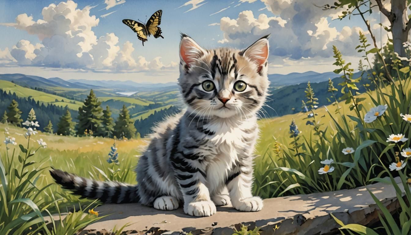 Grey Kitten Plays with Butterfly in Watercolor Style